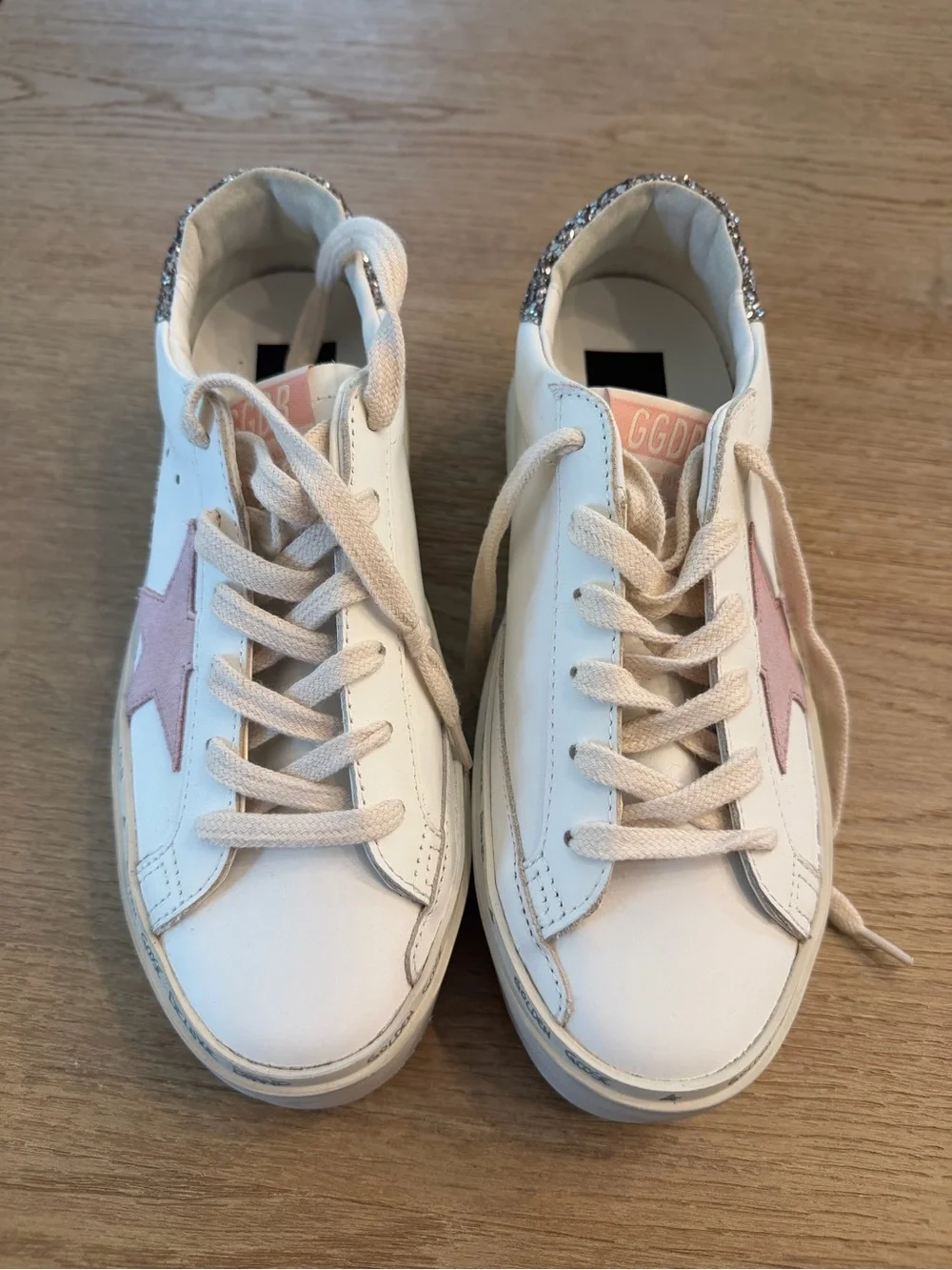 Golden Goose Hi Star with Pink Star and Gold Glitter Heel (never worn)